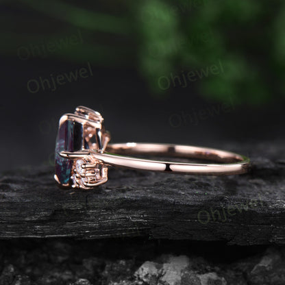 Asscher cut Alexandrite ring women unique cluster engagement ring rose gold claw prong diamond promise anniversary ring gift