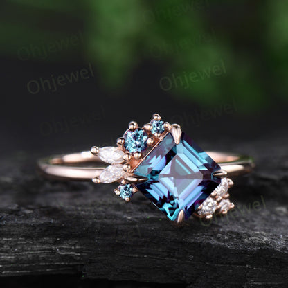 Asscher cut Alexandrite ring women unique cluster engagement ring rose gold claw prong diamond promise anniversary ring gift