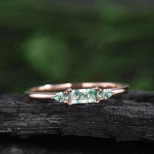 Dainty pear Baguette cut moss agate ring solid 14k rose gold three stone unique engagement ring women wedding anniversary ring gift for her