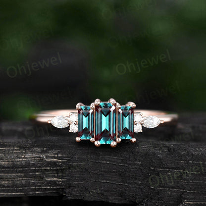 Baguette cut alexandrite moss agate ring dainty moissanite ring rose gold unique engagement ring women Personalized anniversary ring gift