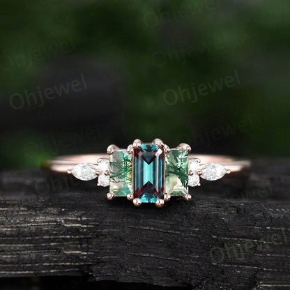 Baguette cut alexandrite moss agate ring dainty moissanite ring rose gold unique engagement ring women Personalized anniversary ring gift