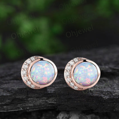 Bezel round white opal earrings solid 14k yellow gold vintage moon diamond stud earrings women dainty bridal anniversary gift jewelry