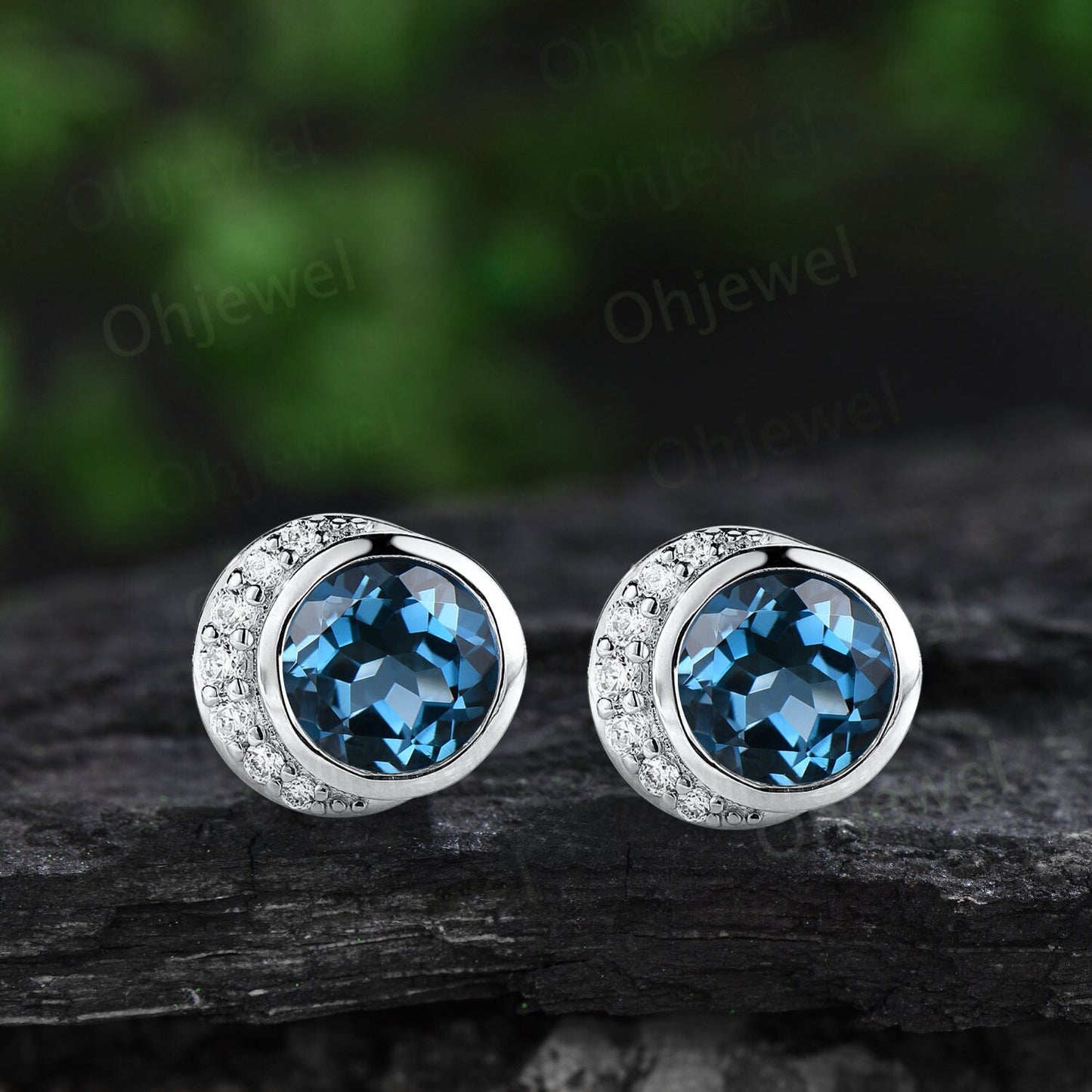 Bezel round London blue topaz earrings solid 14k yellow gold vintage moon diamond stud earrings women dainty bridal anniversary gift jewelry