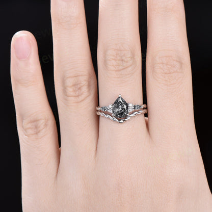 Vintage pear black rutilated quartz ring white gold twisted unique engagement ring moisanite stacking bridal set women gift