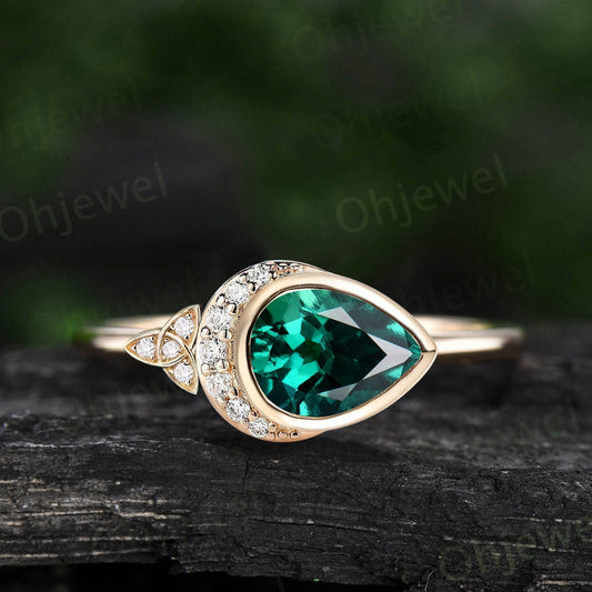 Pear shaped green emerald ring vintage moon bezel unique engagement ring women yellow gold celtic knot diamond anniversary ring gift