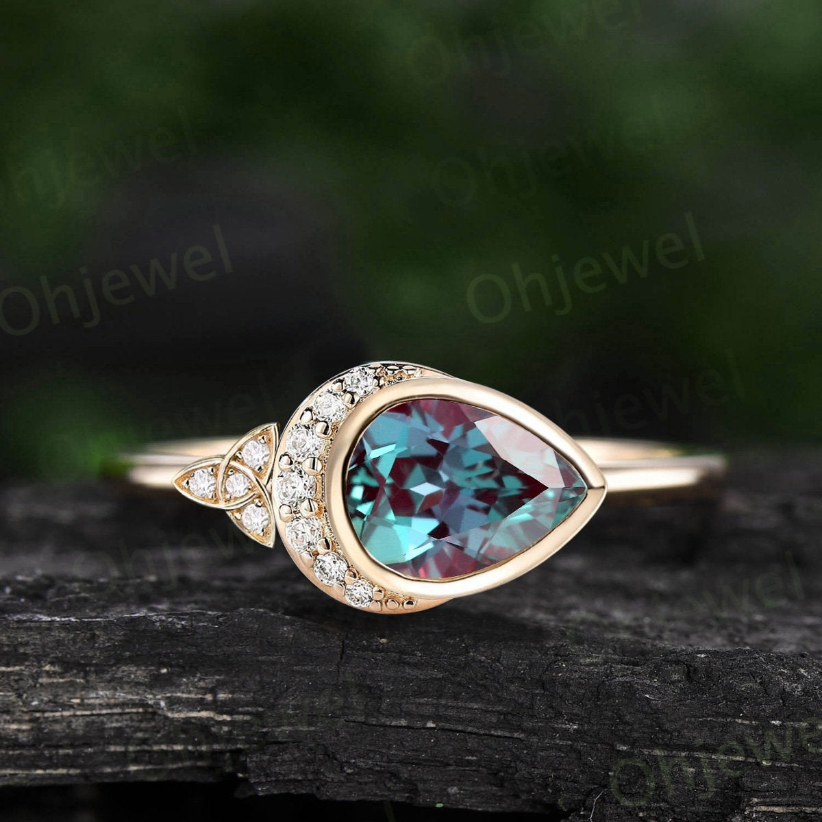 Pear shaped alexandrite ring vintage moon bezel unique engagement ring women solid 14k yellow gold celtic knot diamond anniversary ring gift