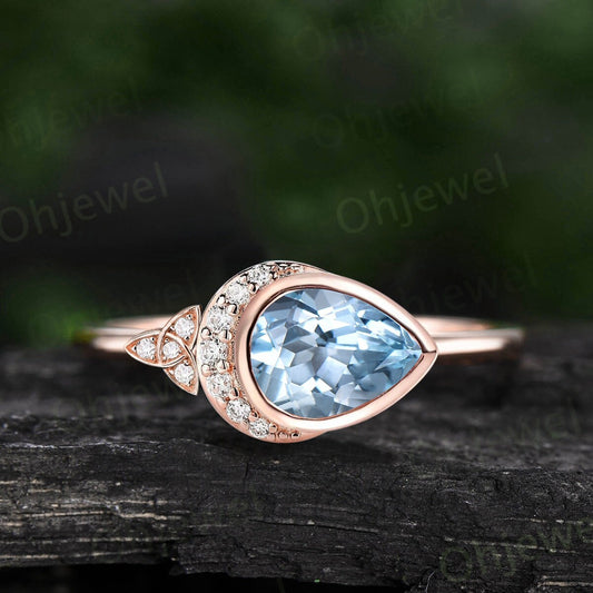 Pear shaped aquamarine ring vintage moon bezel unique engagement ring women solid 14k rose gold celtic knot diamond anniversary ring gift
