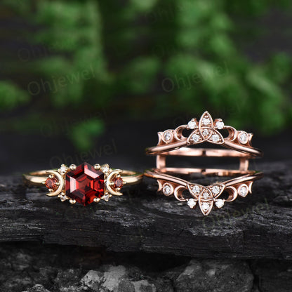 Vintage hexagon cut red garnet engagement ring solid 14k yellow gold moon celtic knot unique bridal wedding ring set women gemstone gift