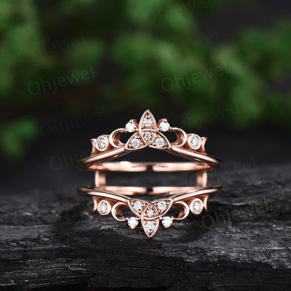 Celtic knot diamond wedding band enhancer solid 14k rose gold vintage bezel moon cluster stacking bridal ring women anniversary gift
