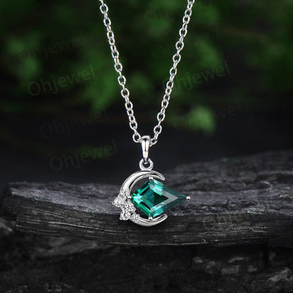 Moon kite cut green emerald necklace solid 14k rose gold Personalized unique cluster diamond Pendant for women gemstone anniversary gift