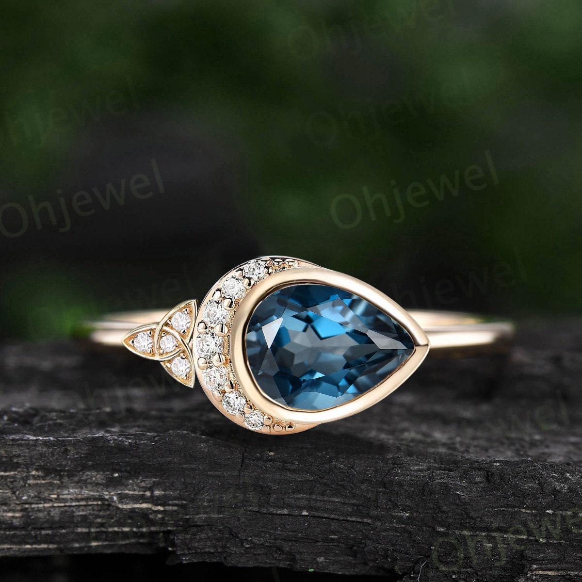 Pear shaped London blue topaz ring vintage moon bezel unique engagement ring women yellow gold celtic knot diamond anniversary ring gift