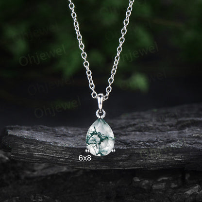 Solitaire pear shaped green moss agate necklace 14k rose gold dainty Pendant women anniversary gift for her