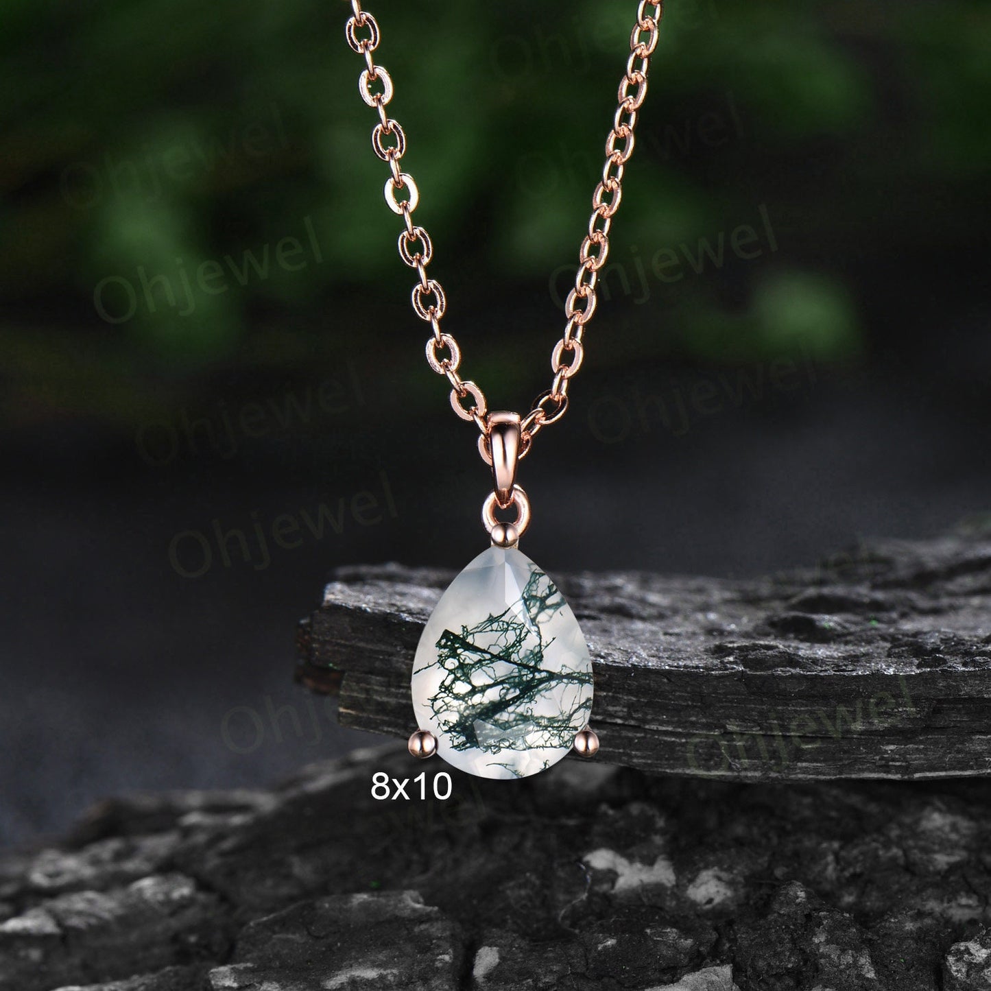 Solitaire pear shaped green moss agate necklace 14k rose gold dainty Pendant women anniversary gift for her