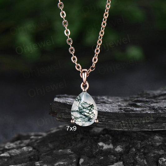 Solitaire pear shaped green moss agate necklace 14k rose gold dainty Pendant women anniversary gift for her