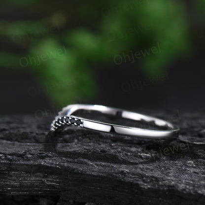 Curved black diamond wedding band solid 14k white gold stacking matching moissanite bridal anniversary ring women gift jewelry