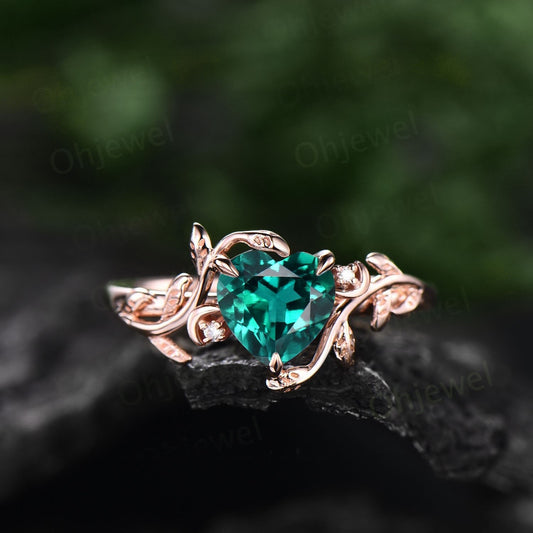 Vintage heart shaped green emerald engagement ring solid 14k rose gold three stone leaf moon diamond bridal wedding promise ring women gift