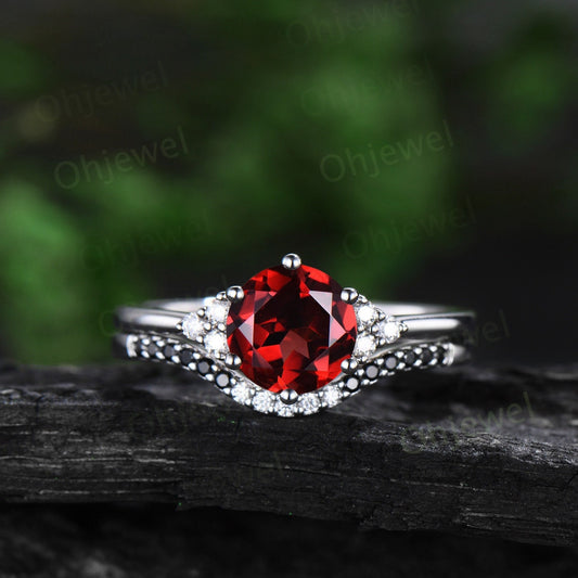 Round cut red garnet ring white gold black diamond ring 6 prong unique engagement ring women gemstone stacking wedding bridal ring set