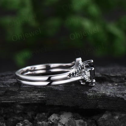 Dainty round cut gray moissanite engagement ring solid 14k white gold 6 prong black diamond ring women stacking wedding bridal ring set