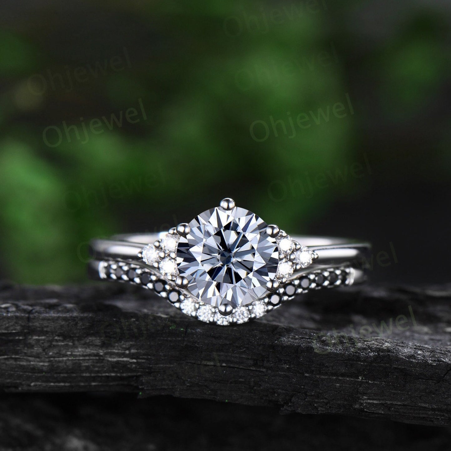Dainty round cut gray moissanite engagement ring solid 14k white gold 6 prong black diamond ring women stacking wedding bridal ring set