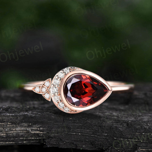 Pear shaped red garnet ring vintage moon bezel unique engagement ring women solid 14k rose gold celtic knot diamond anniversary ring gift