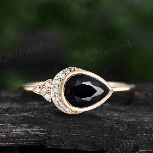 Pear shaped black onyx ring vintage moon bezel unique engagement ring women solid 14k rose gold celtic knot diamond anniversary ring gift