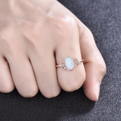 Oval white opal ring vintage rose gold bezel unique engagement ring art deco five stone bridal wedding anniversary ring gift for women