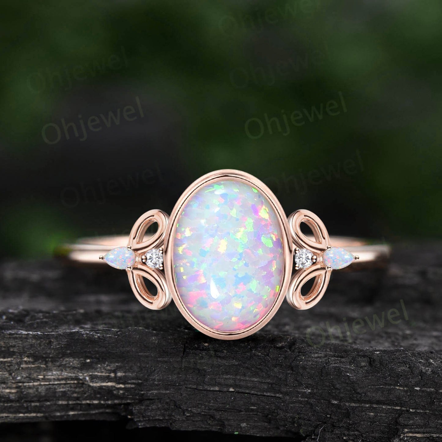 Oval white opal ring vintage rose gold bezel unique engagement ring art deco five stone bridal wedding anniversary ring gift for women