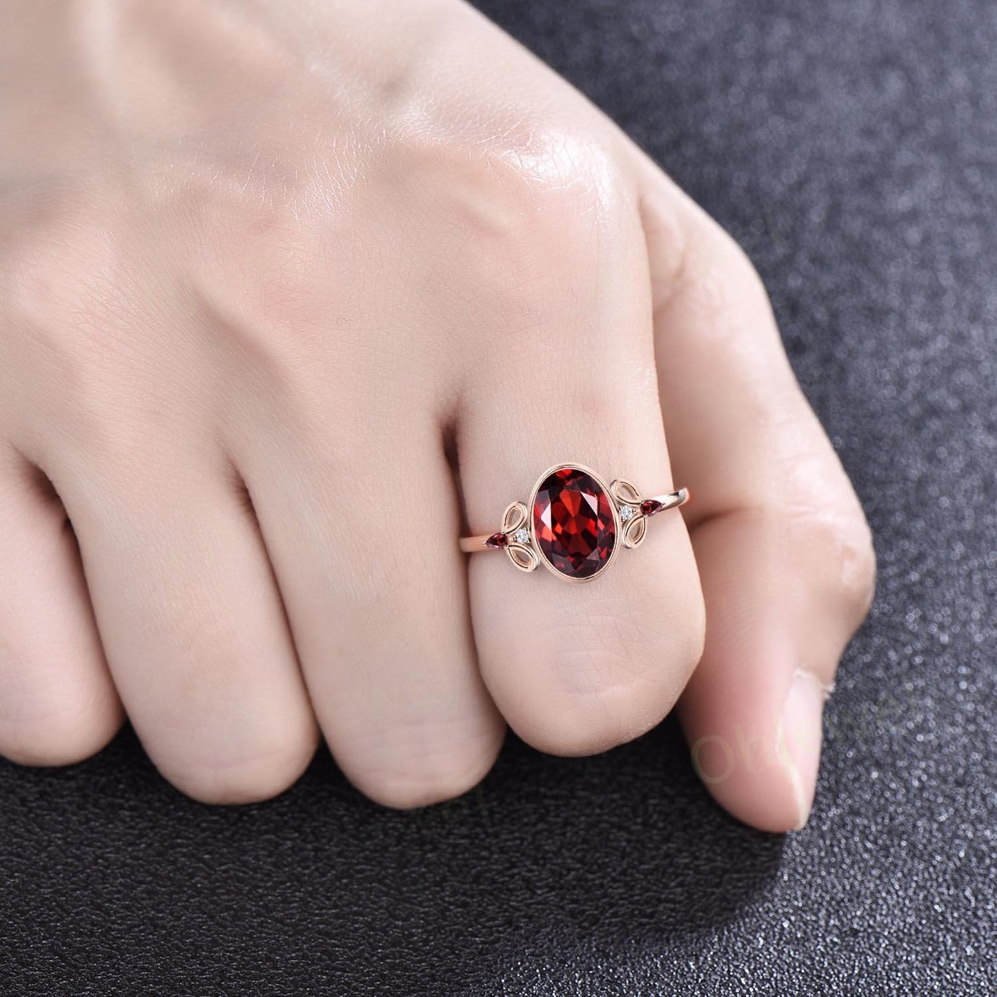Oval red garnet ring vintage rose gold bezel unique engagement ring art deco five stone bridal wedding anniversary ring gift for women