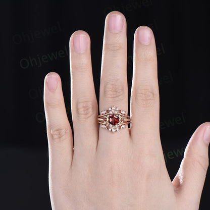 Vintage hexagon cut red garnet engagement ring solid 14k yellow gold moon celtic knot unique bridal wedding ring set women gemstone gift