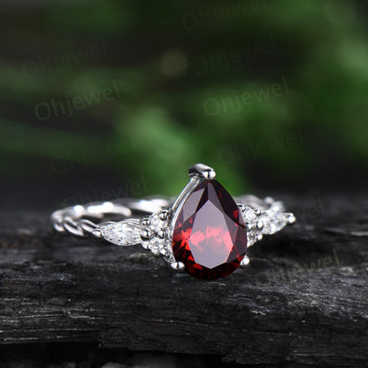 Vintage pear red garnet ring white gold twisted unique engagement ring moisanite stacking anniversary wedding bridal ring set women gift