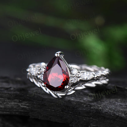 Vintage pear red garnet ring white gold twisted unique engagement ring moisanite stacking anniversary wedding bridal ring set women gift