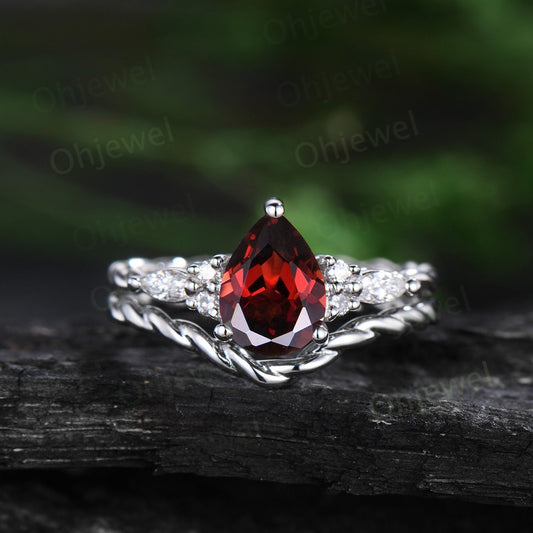 Vintage pear red garnet ring white gold twisted unique engagement ring moisanite stacking anniversary wedding bridal ring set women gift