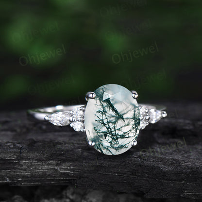 8x10mm oval cut moss agate engagement ring set solid 14k yellow gold art deco diamond ring vintage moon Celtic knot wedding ring set women