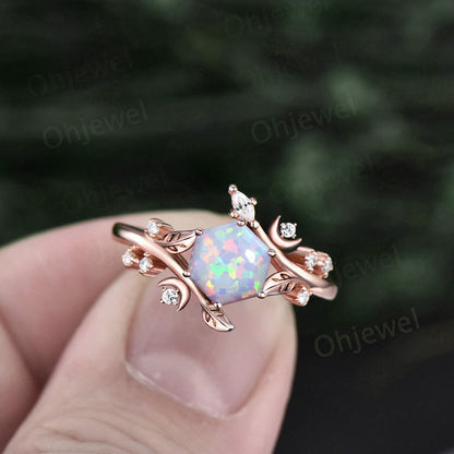 Hexagon white opal ring vintage rose gold leaf moon unique engagement ring women Nature inspired amethyst diamond  anniversary ring gift