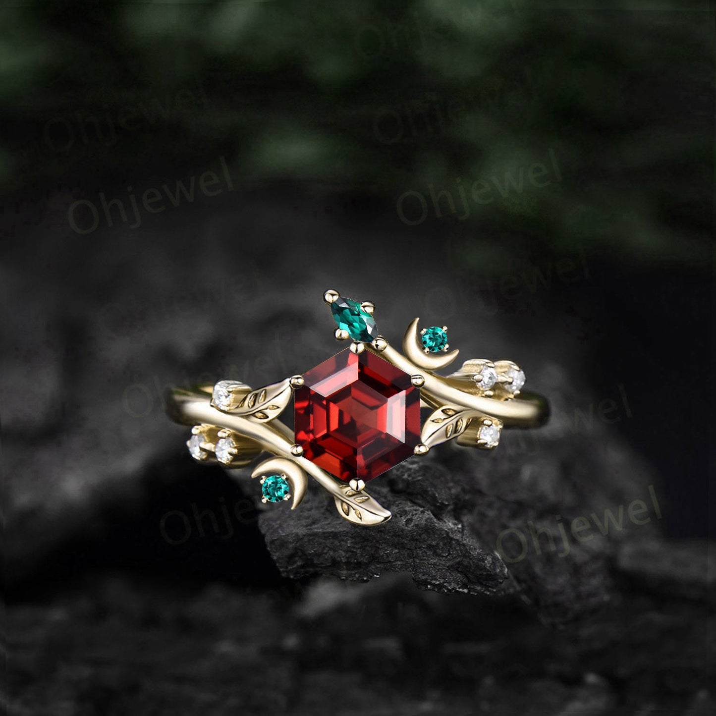 Hexagon cut red garnet ring vintage rose gold leaf moon unique engagement ring women twig Nature inspired diamond anniversary ring gift