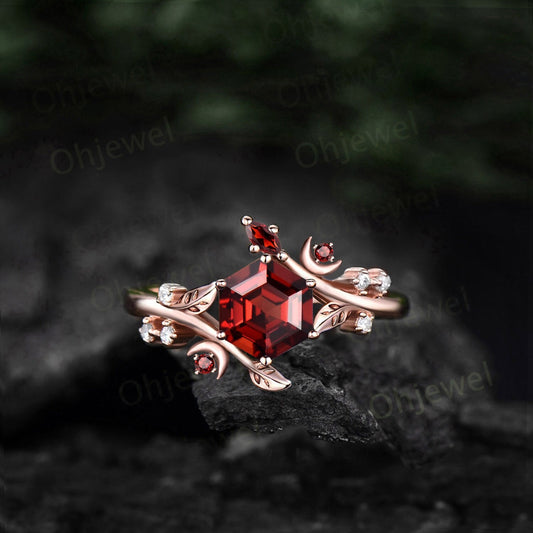Hexagon cut red garnet ring vintage rose gold leaf moon unique engagement ring women twig Nature inspired diamond anniversary ring gift