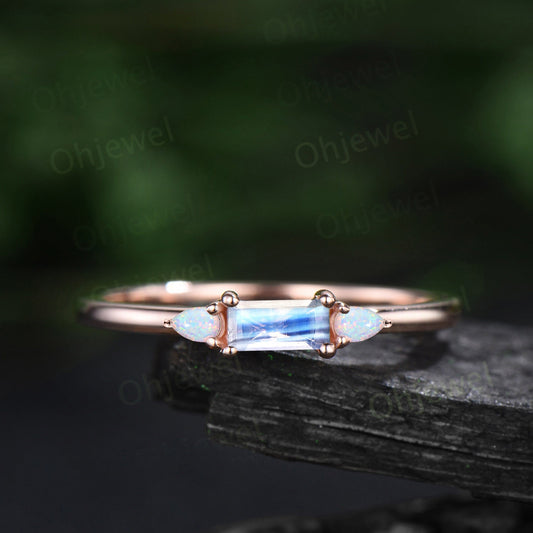 Dainty Baguette cut moonstone ring vintage three stone pear opal ring solid 14k rose gold unique engagement ring women anniversary ring gift