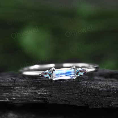 Dainty Baguette cut moonstone ring vintage three stone pear opal ring solid 14k rose gold unique engagement ring women anniversary ring gift