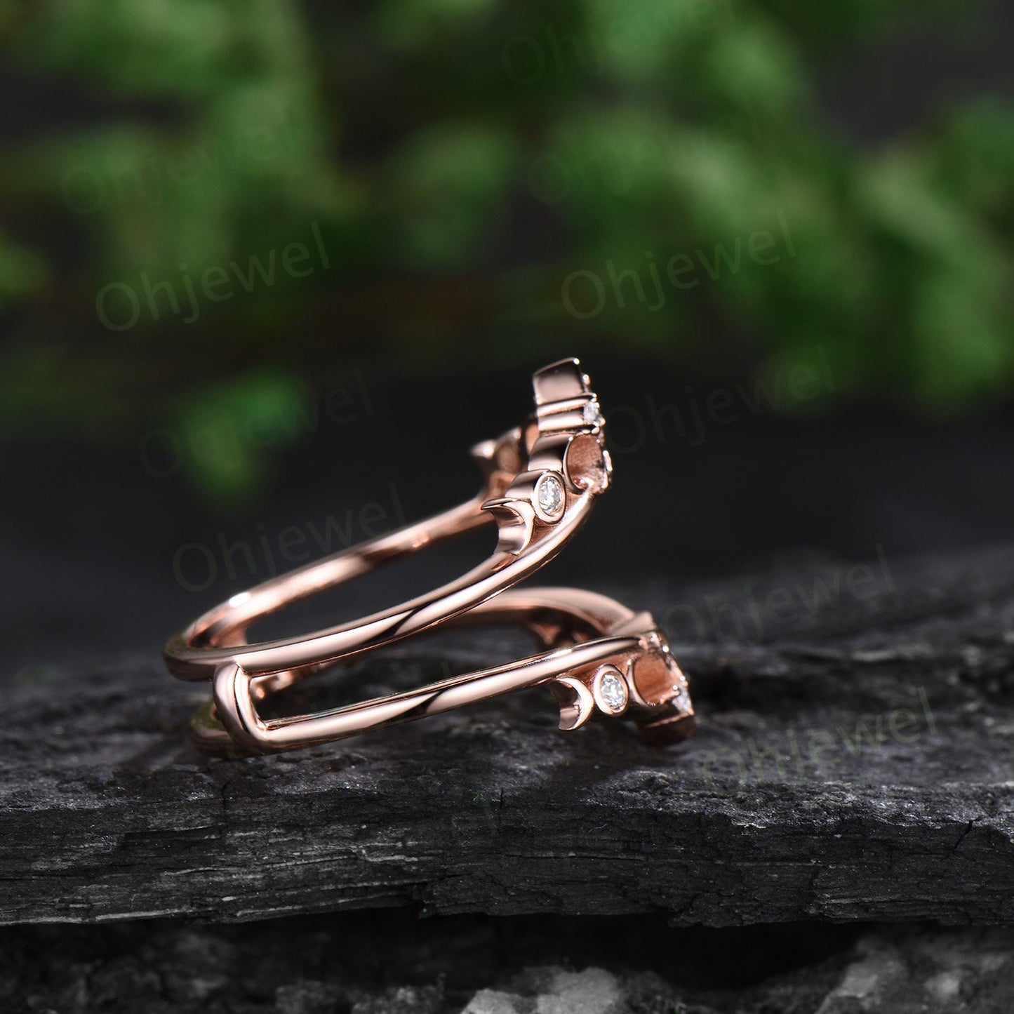 Celtic knot diamond wedding band enhancer solid 14k rose gold vintage bezel moon cluster stacking bridal ring women anniversary gift