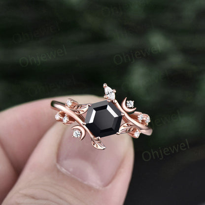 Hexagon cut black onyx ring vintage solid 14k yellow gold leaf moon unique engagement ring women diamond wedding anniversary ring gift