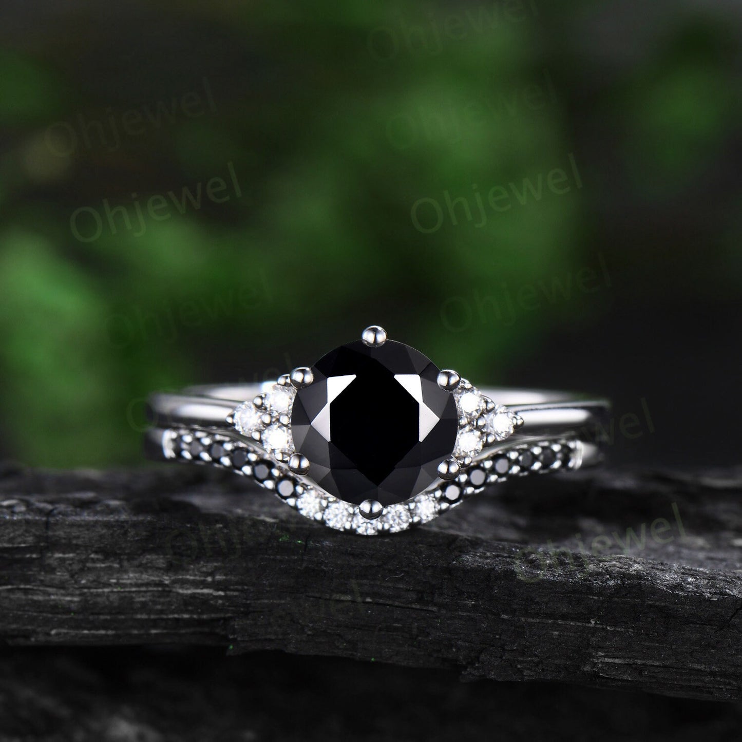 Round cut black onyx ring white gold black diamond ring 6 prong unique engagement ring women stacking wedding bridal ring set gemstone