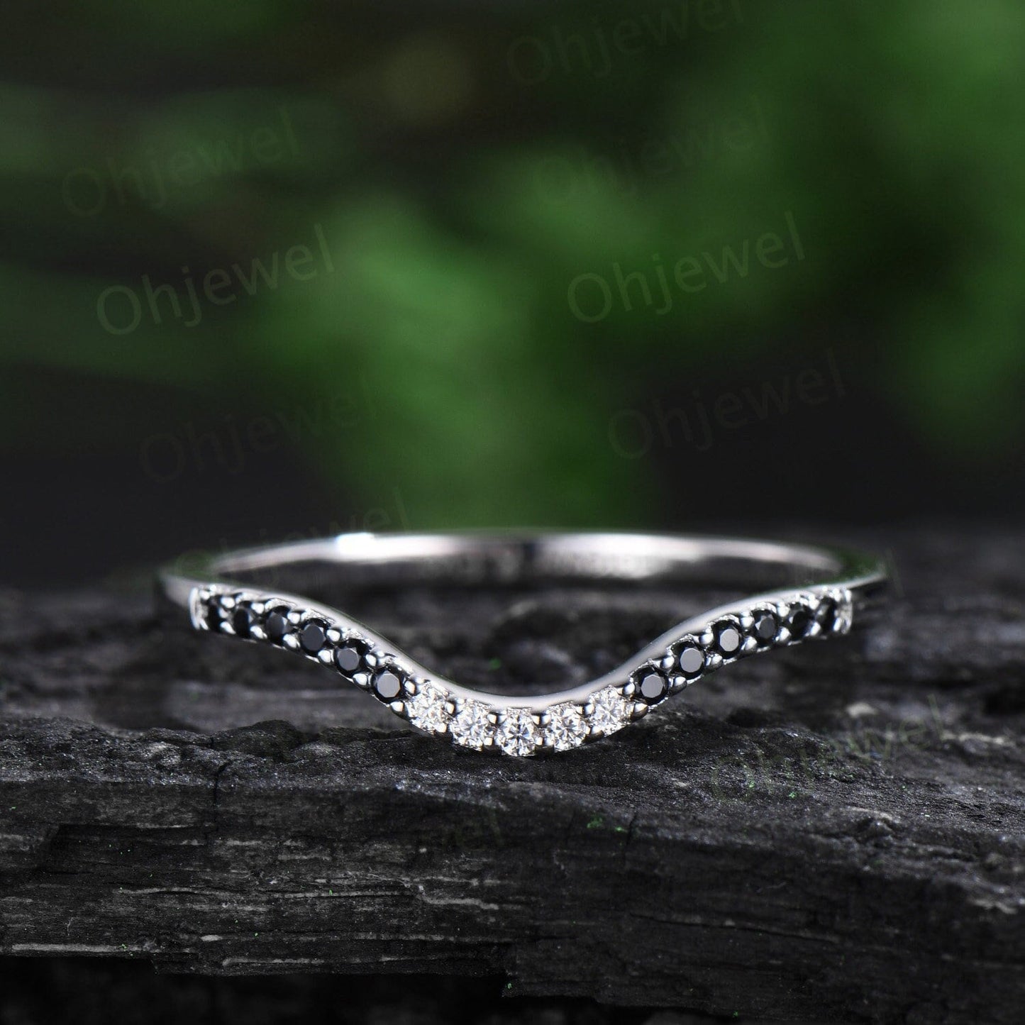 Curved black diamond wedding band solid 14k white gold stacking matching moissanite bridal anniversary ring women gift jewelry