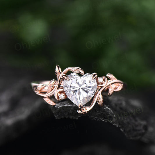 Vintage heart shaped moissanite engagement ring solid 14k rose gold three stone leaf moon diamond bridal wedding promise ring women gift