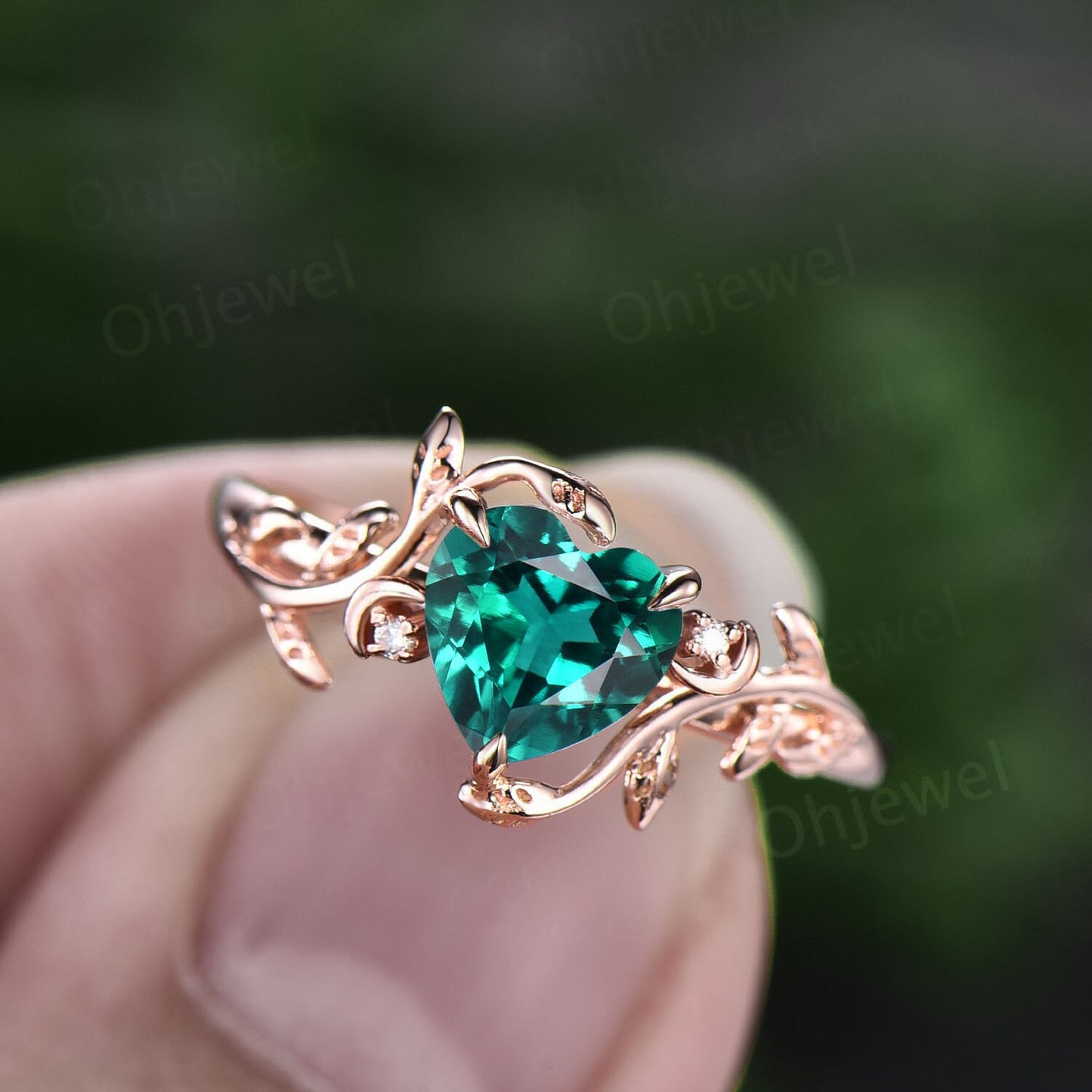 Vintage heart shaped green emerald engagement ring solid 14k rose gold three stone leaf moon diamond bridal wedding promise ring women gift