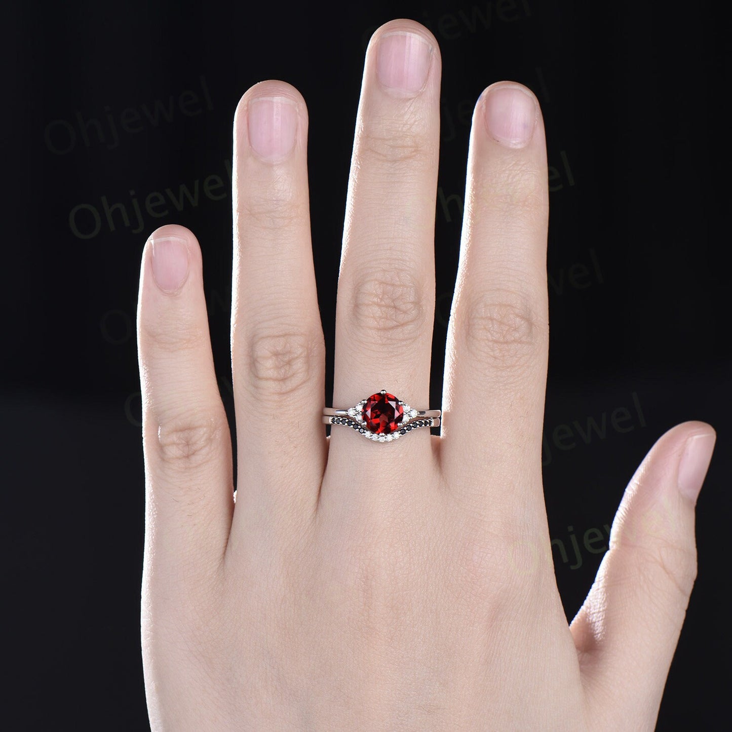 Round cut red garnet ring white gold black diamond ring 6 prong unique engagement ring women gemstone stacking wedding bridal ring set