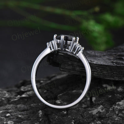 Dainty round cut gray moissanite engagement ring solid 14k white gold 6 prong black diamond ring women stacking wedding bridal ring set