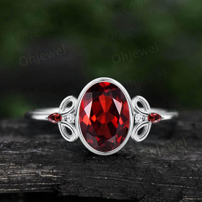 Oval red garnet ring vintage rose gold bezel unique engagement ring art deco five stone bridal wedding anniversary ring gift for women