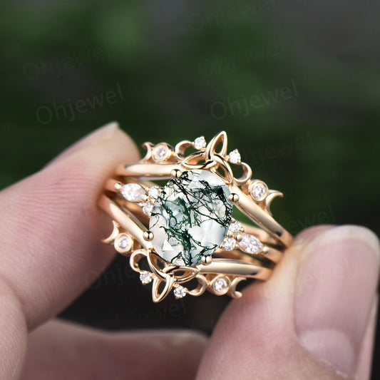 8x10mm oval cut moss agate engagement ring set solid 14k yellow gold art deco diamond ring vintage moon Celtic knot wedding ring set women