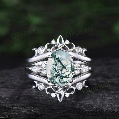 8x10mm oval cut moss agate engagement ring set solid 14k yellow gold art deco diamond ring vintage moon Celtic knot wedding ring set women