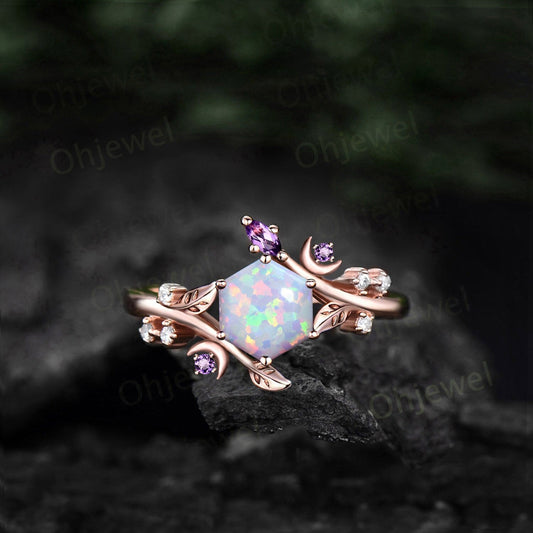 Hexagon white opal ring vintage rose gold leaf moon unique engagement ring women Nature inspired amethyst diamond  anniversary ring gift